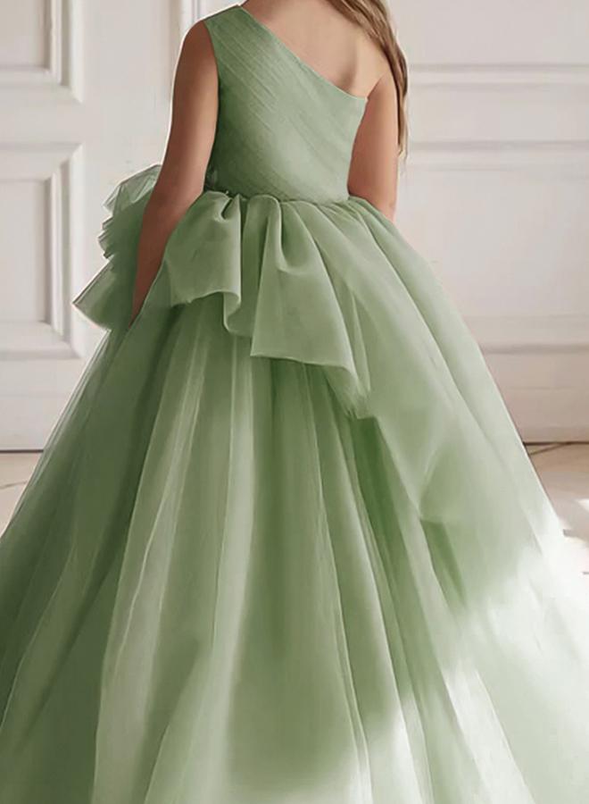 تايك تو فستان طويل بناتي شبكي أخضر بكتف واحد - Image 5